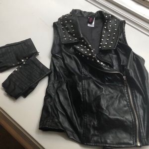 Faux Leather Studded Bomber Vest and Gloves
